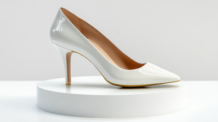 Designer stiletto heels on a white pedestal, sharp and elegant aesthetic.の素材