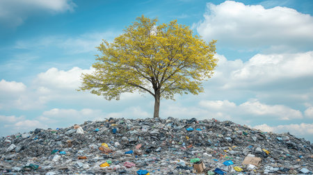 A tree growing out of a trash pile, symbolizing environmental neglect and resilience.の素材
