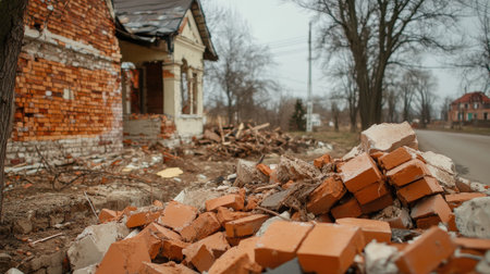 Dismantled construction site with piles of debris, broken bricks, and scattered nails.の素材