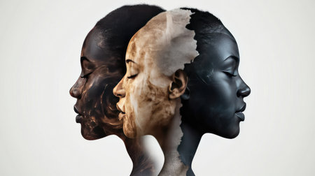 Black and White silhouettes blending into each other, visualizing racial integration and equality.の素材