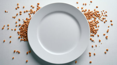 A minimalist flat lay of a white ceramic plate with a few scattered seeds on a smooth white surface.の素材