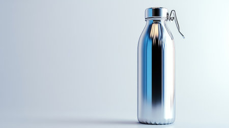A modern stainless steel water bottle standing on a clean white background, highlighting its reflective surface with no branding.の素材