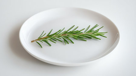 A simple white plate with a sprig of rosemary, placed on a clean white surface with no branding.の素材