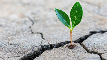 A small plant growing through cracked pavement, a metaphor for environmentalism and the triumph of nature over urbanization.の素材