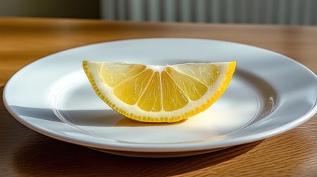 Simple white plate with a single lemon wedge placed in the center, emphasizing clean lines.の素材