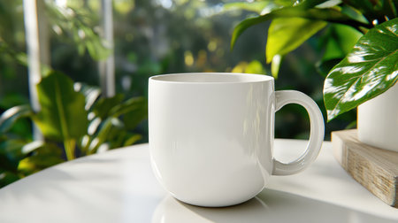 A clean, simple white ceramic cup with no logo, placed on a white surface with soft studio lighting.の素材
