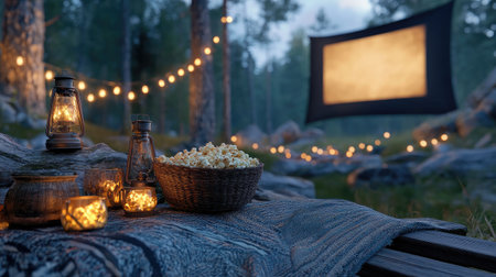 A dreamy outdoor movie setup with a flickering screen, rustic wooden benches, and a basket of fresh popcorn.の素材