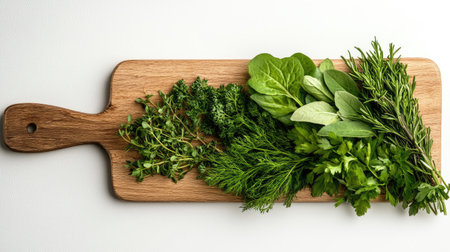 A wooden cutting board with fresh herbs and vegetables, shot on a white background with no branding.の素材