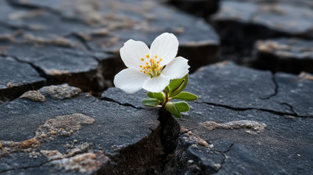 A tiny blossom growing in the middle of a cracked road, showing the power of life in urban settings.の素材