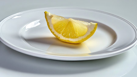 Simple white plate with a single lemon wedge placed in the center, emphasizing clean lines.の素材