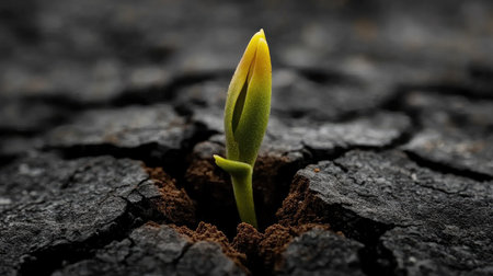 A hopeful sprout rising from cracked earth, a striking image of resilience and environmental responsibility.の素材