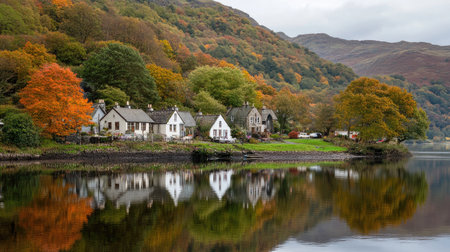 A picturesque village by a lake surrounded by autumn trees, reflecting the stunning scenery.の素材