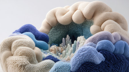 A magical, handwoven universe where the stars, clouds, and cities are crafted from colorful wool threads.の素材