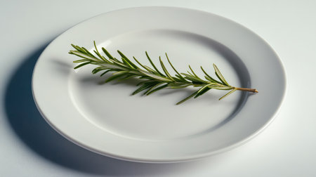 A simple white plate with a sprig of rosemary, placed on a clean white surface with no branding.の素材