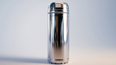 A stainless steel thermos bottle on a white background, highlighting its polished finish with no branding.の素材