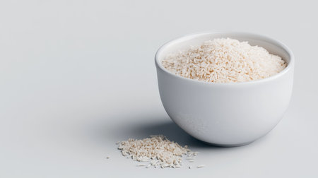 Simple white bowl with a few scattered grains of rice, set on a solid white background for a clean look.の素材