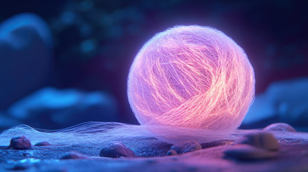 A glowing ball of yarn floating in space, unraveling delicate fibers that weave together the continents below.の素材