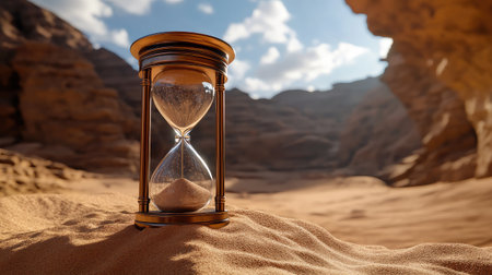 A surreal desert scene with a lone hourglass in the sand.の素材