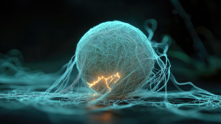 A mystical yarn ball unraveling over a digital Earth, forming glowing pathways between cities and countries.の素材