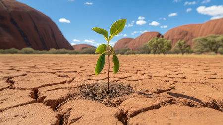 A young sapling growing against the odds in dry terrain, a visual representation of conservation and renewal.の素材