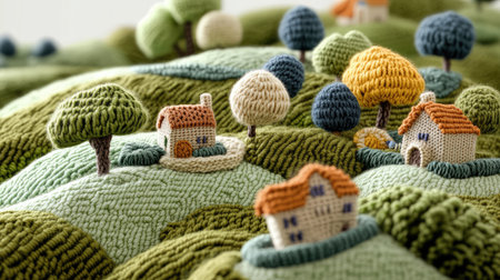 A whimsical town built from soft, colorful yarn, with knitted houses, trees, and rolling woolen hills.の素材