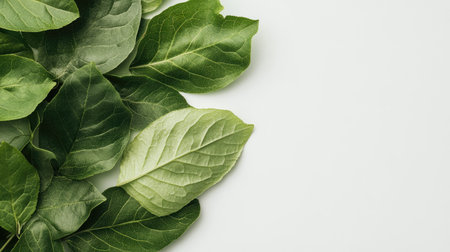 Minimalistic arrangement of fresh green leaves against a clean white background, highlighting their texture.の素材