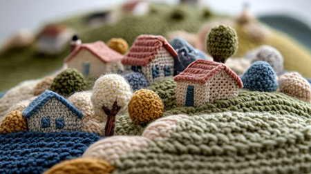 A peaceful knitted village, where every house, tree, and hill is crafted from colorful, cozy yarn textures.の素材