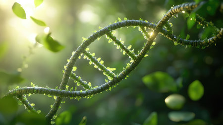 A 3D-rendered DNA chain constructed from tree branches, illustrating the connection between plants and genetics.の素材