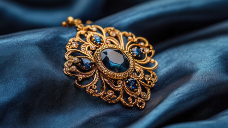 Designer brooch pinned on a satin dress, intricate details, elegant fashion element.の素材