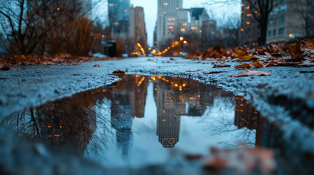 A cityscape reflected perfectly in a puddle after the rain.の素材