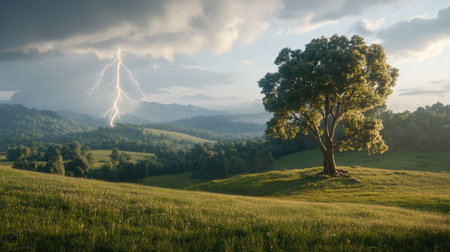 A lightning bolt striking a lone tree in an open field.の素材