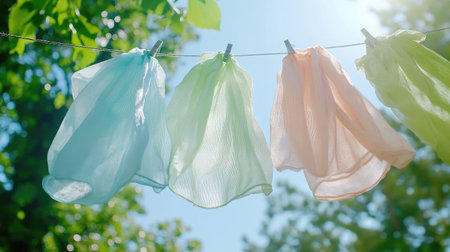 Soft pastel blouses and breezy skirts hanging on a clothesline under the spring sun.の素材