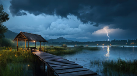 A stormy sky with a single lightning bolt illuminating the night.の素材