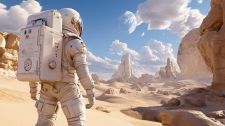 A lone astronaut standing in an otherworldly desert landscape.の素材