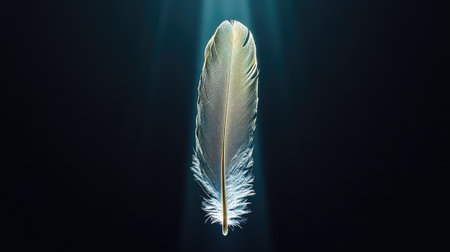 A single floating feather illuminated by a beam of light.の素材