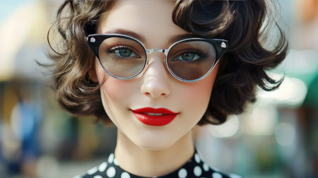 Retro-inspired summer look: polka dot dress, cat-eye sunglasses, and red lipstick accessories.の素材