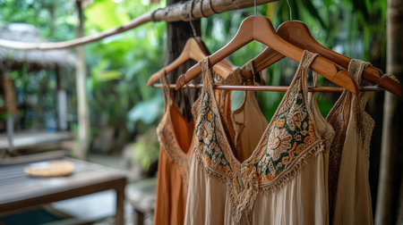 Beautiful bohemian summer dress with embroidery details hanging on a wooden rack.の素材