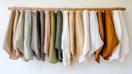 Minimalist spring wardrobe: neutral-colored blouses and skirts arranged in a tidy row.の素材