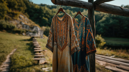 Beautiful bohemian summer dress with embroidery details hanging on a wooden rack.の素材