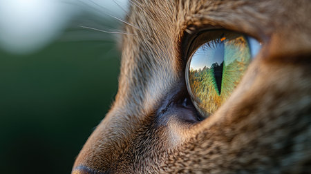 A close-up of a cat eye reflecting a beautiful landscape.の素材