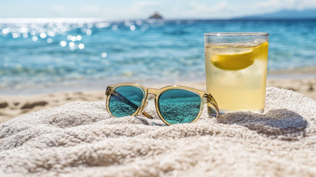 Close-up of sunglasses resting on a light beach towel, with a tropical drink beside it.の素材