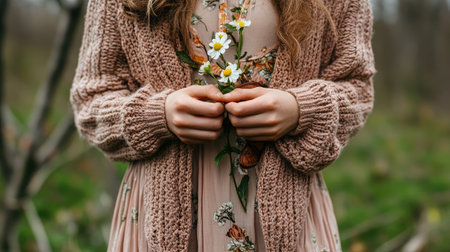 Soft-focus spring look: cozy knit cardigan over a flowy dress with vintage shoes.の素材