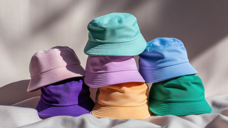 Stylish bucket hats in pastel and bold colors stacked on a neutral fabric background.の素材