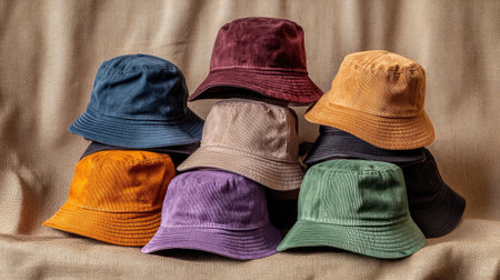 Stylish bucket hats in pastel and bold colors stacked on a neutral fabric background.の素材