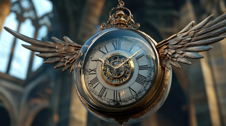 A clock with wings, symbolizing the fleeting nature of time.の素材