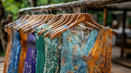 Vibrant maxi dresses with floral patterns neatly arranged on a clothing rack.の素材