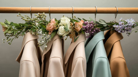 Trendy spring trench coat in pastel tones, neatly displayed on a wooden rack with flowers.の素材