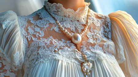 Romantic spring outfit: lace blouse and pleated skirt with delicate pearl jewelry on a soft background.の素材