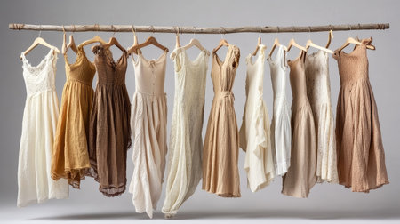 Minimalist spring wardrobe: neutral-colored blouses and skirts arranged in a tidy row.の素材