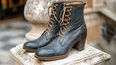 Stylish lace-up boots with chunky heels, displayed on a stone pedestal.の素材